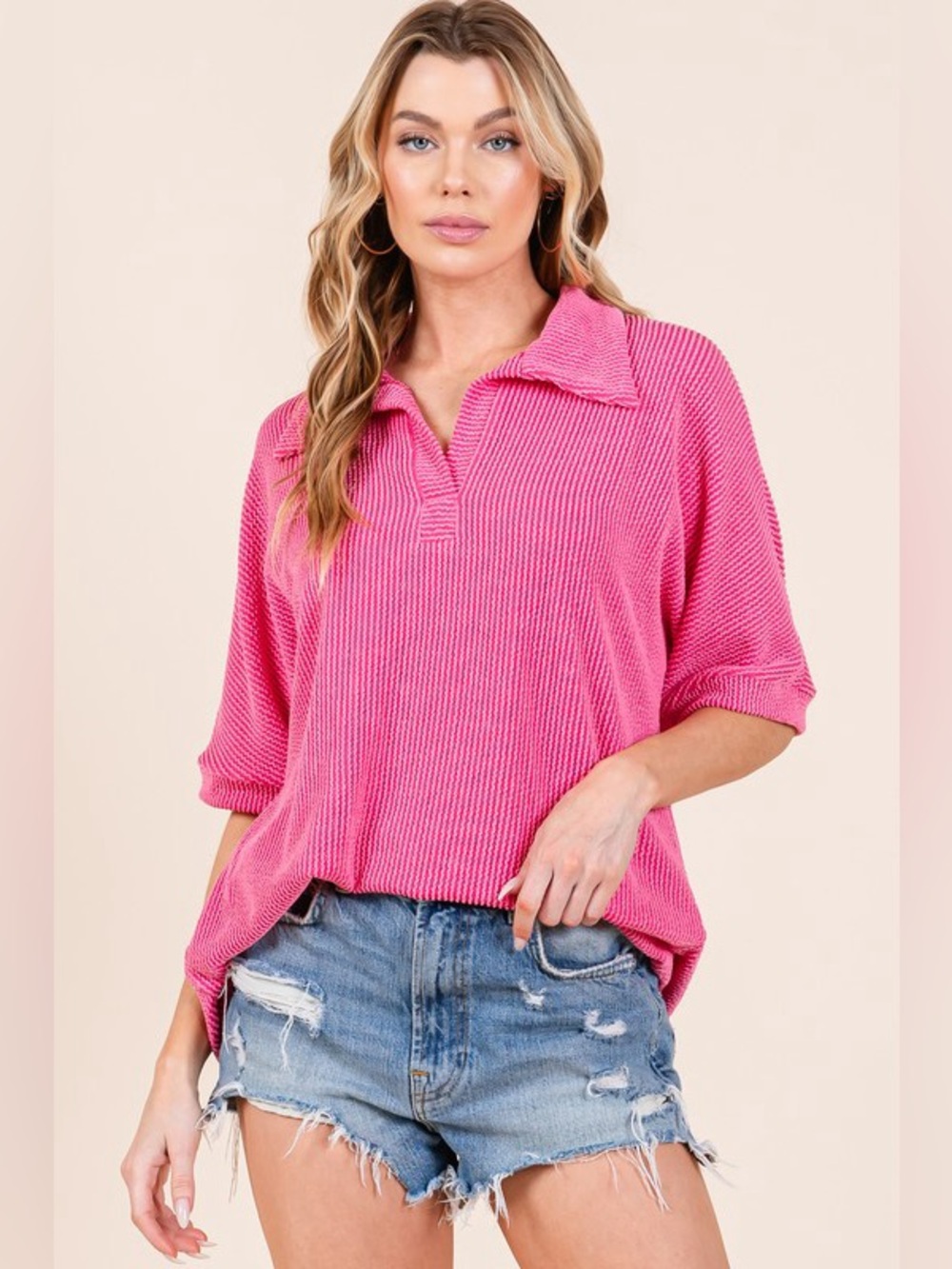BOMBOM Ribbed Collared Neck Top